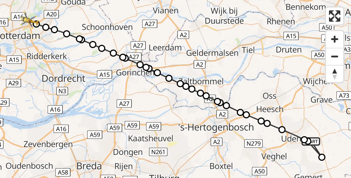Vluchtroute Traumahelikopter van Vliegbasis Volkel naar Rotterdam