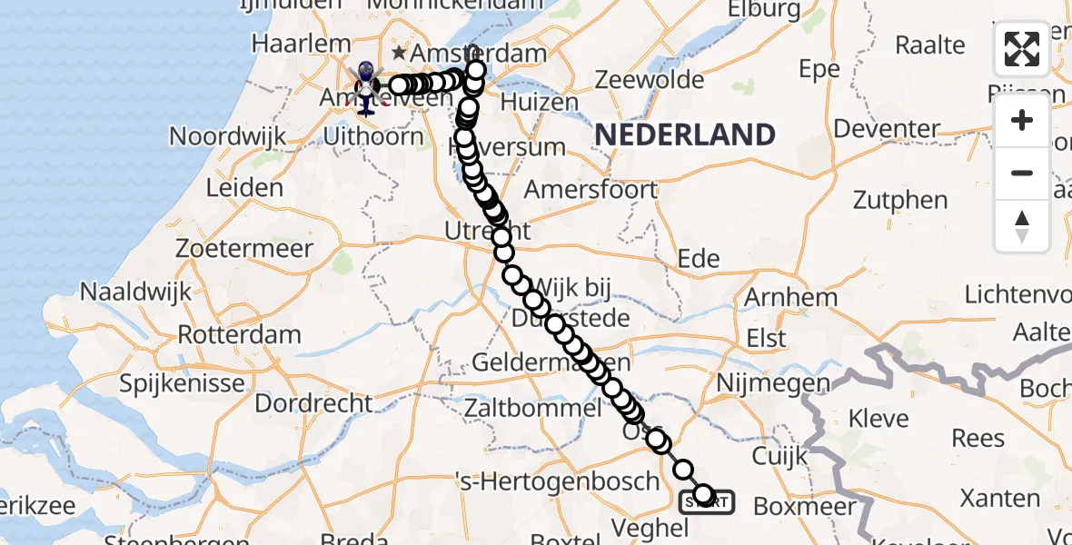 Vluchtroute Politiehelikopter van Vliegbasis Volkel naar Amsterdam Vliegveld Schiphol