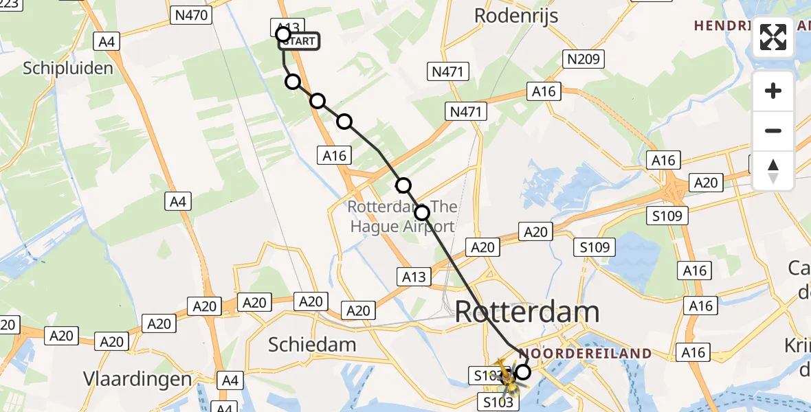 Vluchtroute Traumahelikopter van Delfgauw naar Erasmus MC