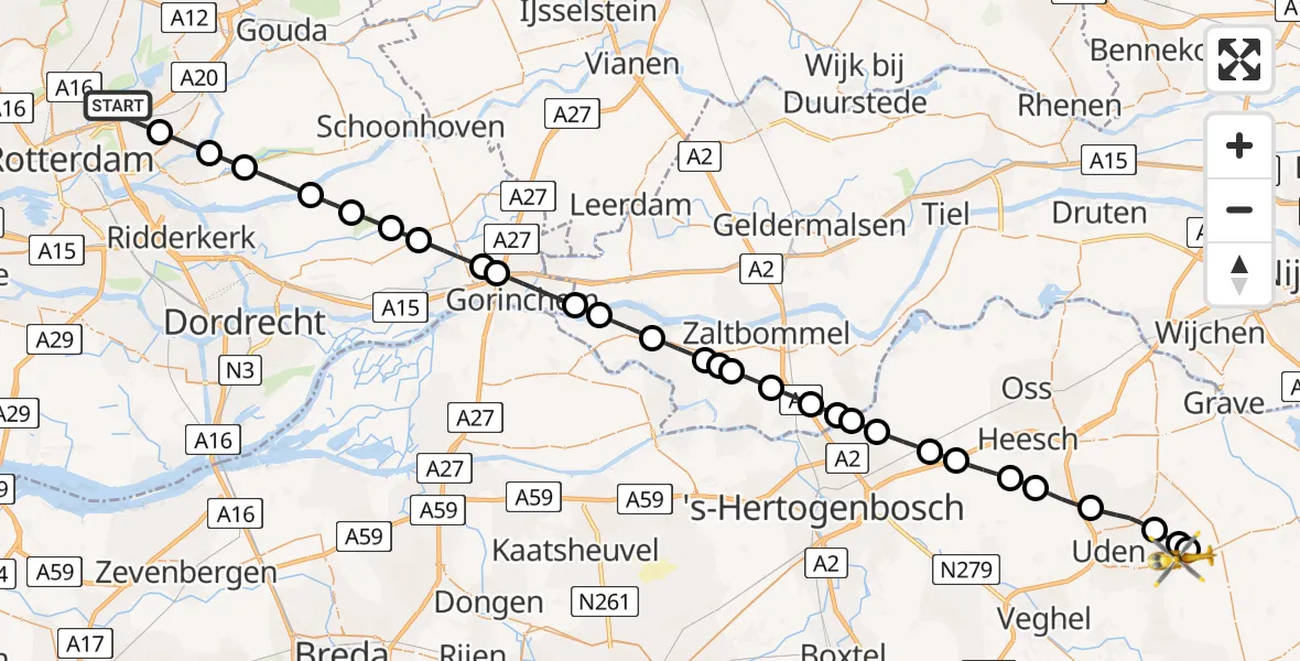 Vluchtroute Traumahelikopter van Rotterdam naar Vliegbasis Volkel