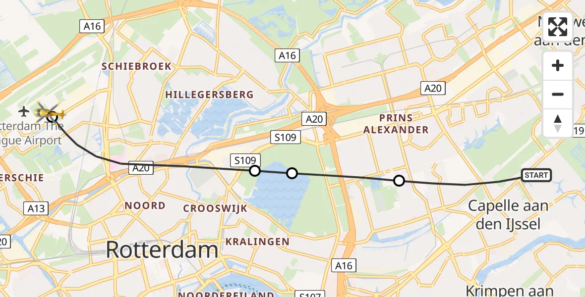 Vluchtroute Traumahelikopter van Capelle aan den IJssel naar Rotterdam The Hague Airport