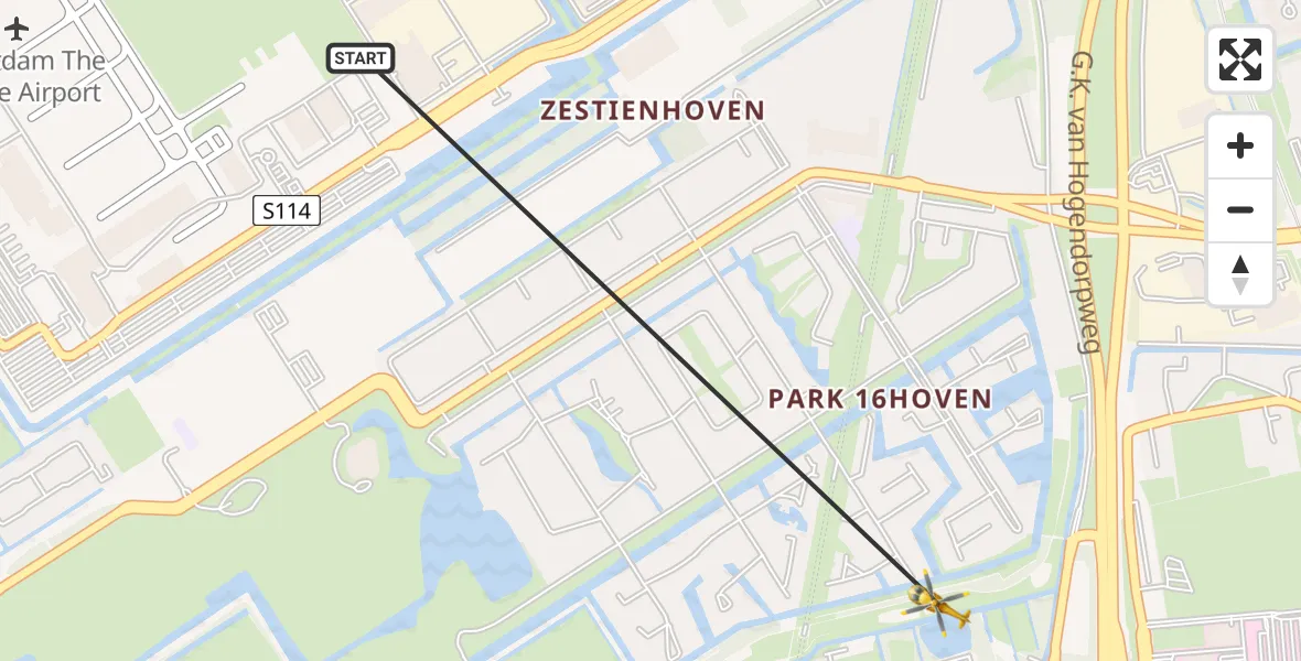 Vluchtroute Traumahelikopter van Rotterdam The Hague Airport naar Rotterdam
