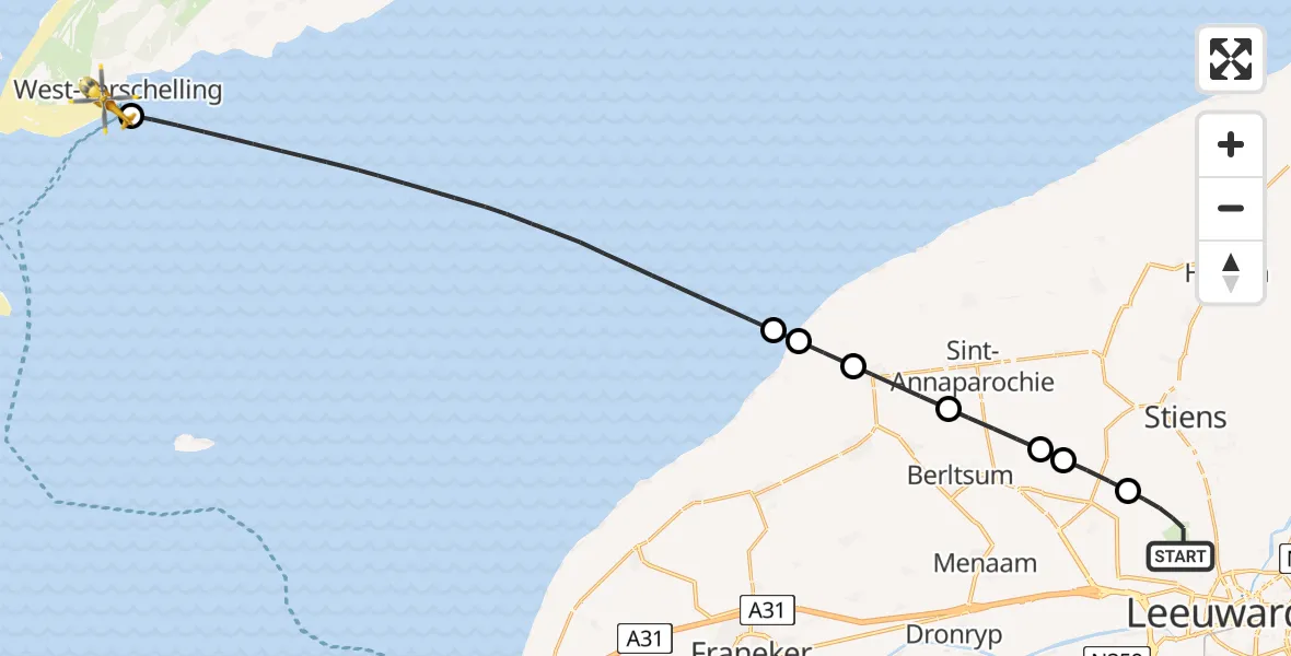 Vluchtroute Ambulancehelikopter van Vliegbasis Leeuwarden naar West-Terschelling