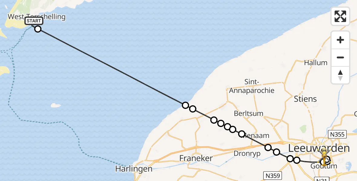 Vluchtroute Ambulancehelikopter van West-Terschelling naar Leeuwarden Medical Center Heliport