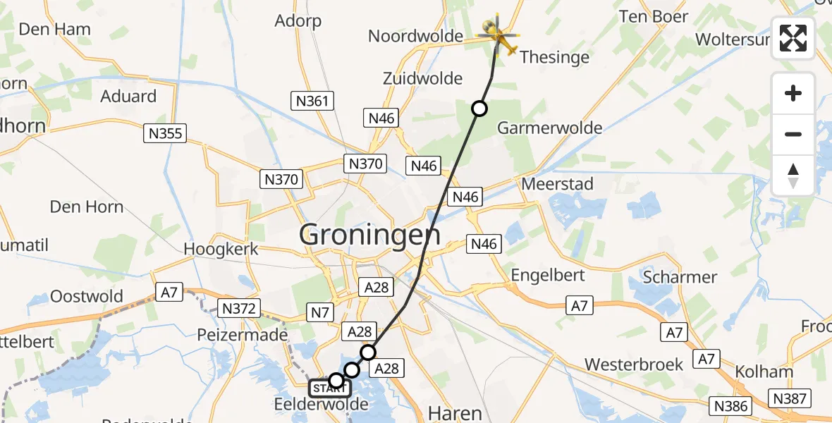 Vluchtroute Traumahelikopter van Eelderwolde naar Zuidwolde