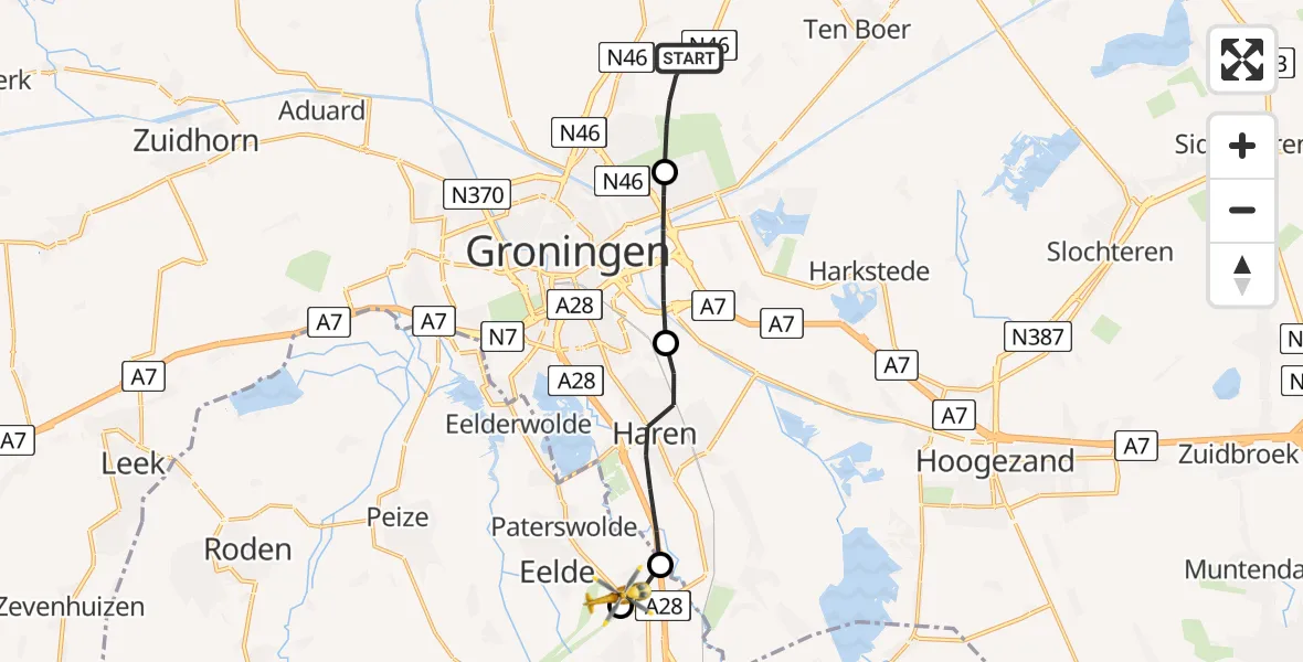 Vluchtroute Traumahelikopter van Zuidwolde naar Groningen Airport Eelde