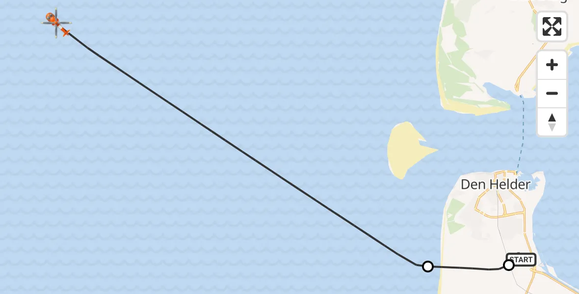 Vluchtroute Kustwachthelikopter van Militair vliegveld De Kooy / Den Helder Airport naar Noordzee