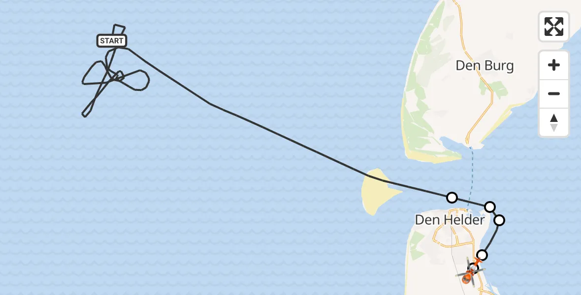 Vluchtroute Kustwachthelikopter van Noordzee naar Militair vliegveld De Kooy / Den Helder Airport