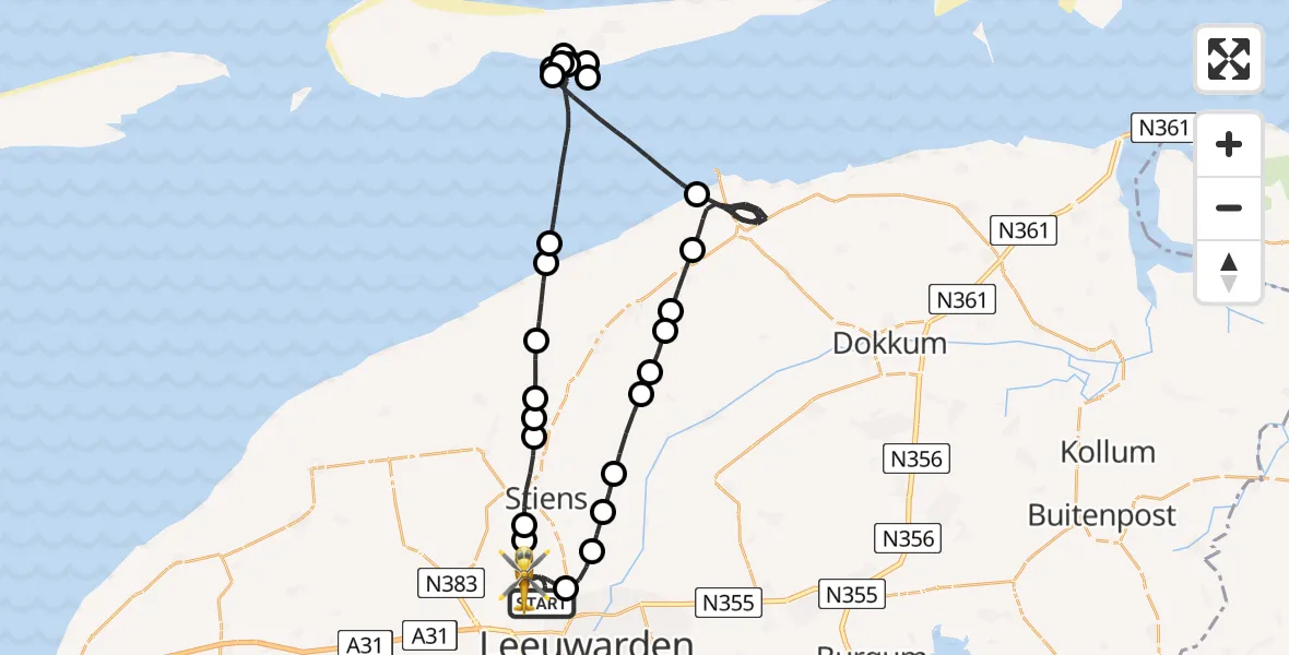 Vluchtroute Ambulancehelikopter van Vliegbasis Leeuwarden naar Vliegbasis Leeuwarden