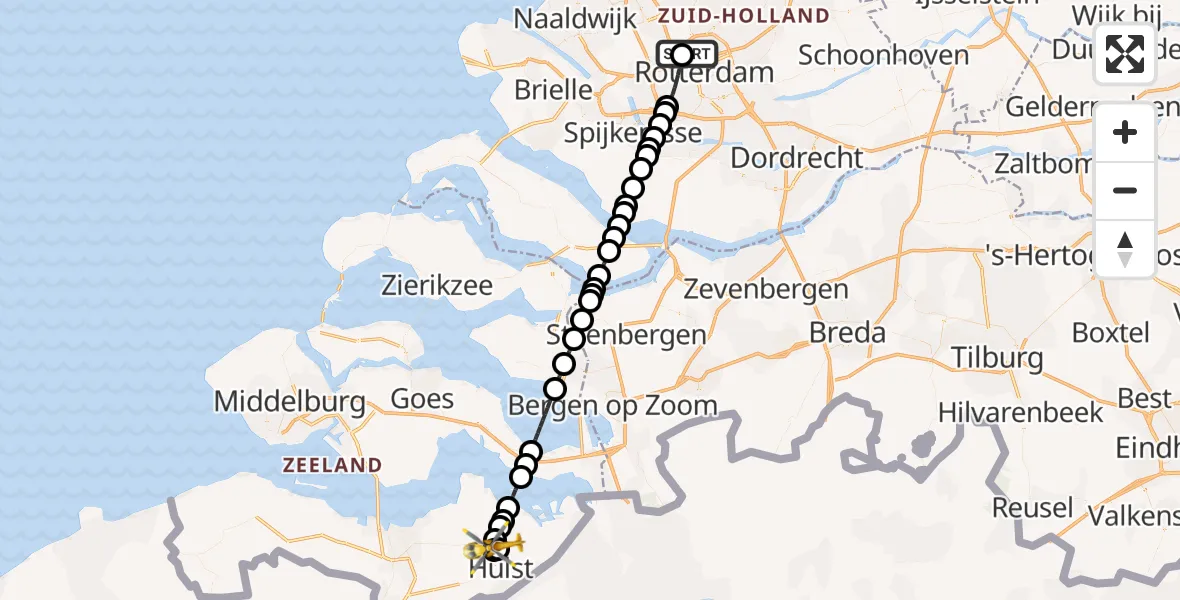 Vluchtroute Traumahelikopter van Rotterdam The Hague Airport naar Terhole