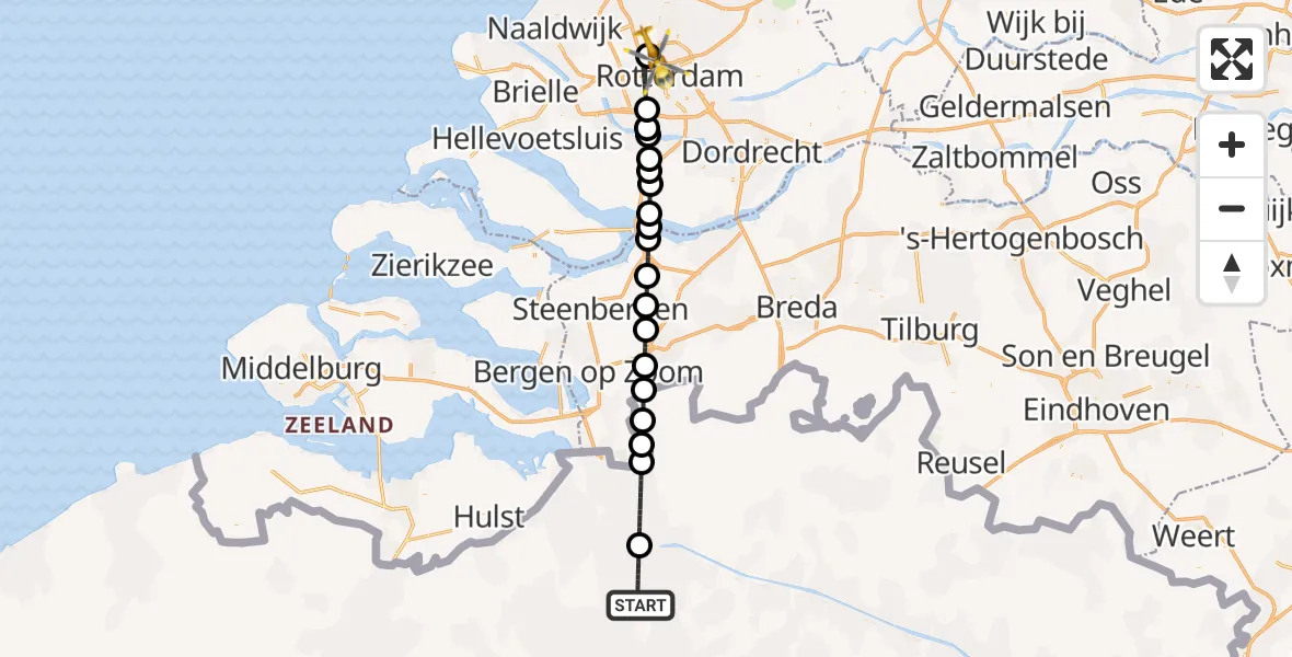Vluchtroute Traumahelikopter van Antwerp University Hospital Heliport naar Rotterdam The Hague Airport