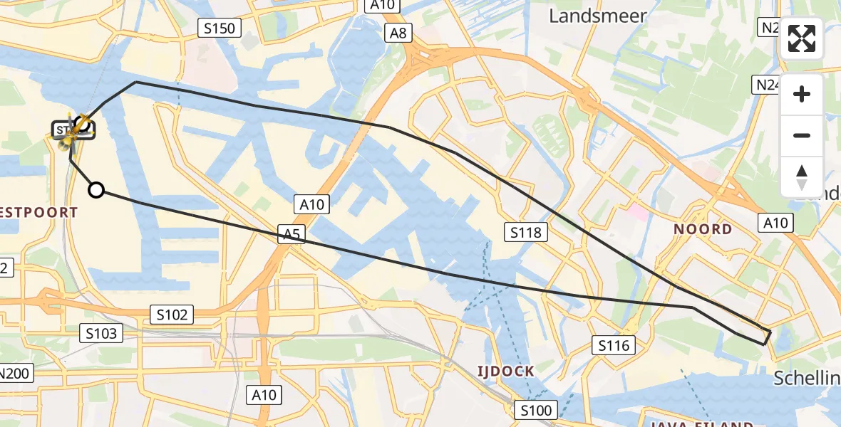 Vluchtroute Traumahelikopter van Amsterdam Heliport naar Amsterdam Heliport