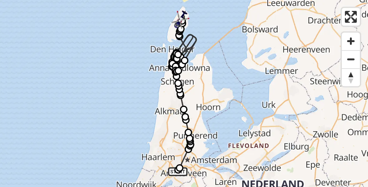 Vluchtroute Politiehelikopter van Amsterdam Vliegveld Schiphol naar Texel International Airport