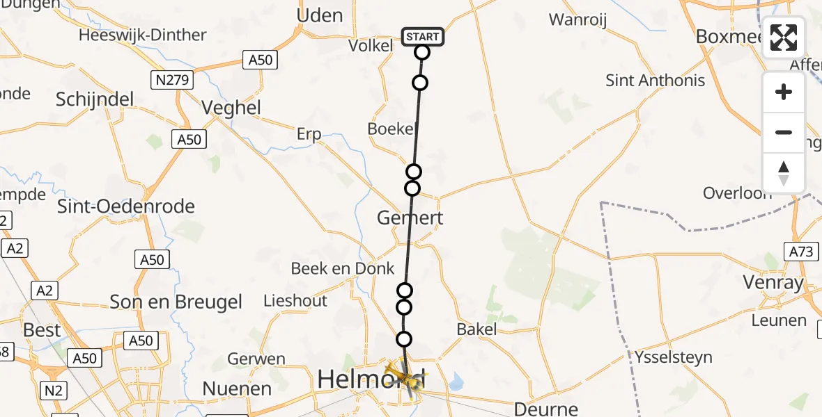 Vluchtroute Traumahelikopter van Vliegbasis Volkel naar Helmond