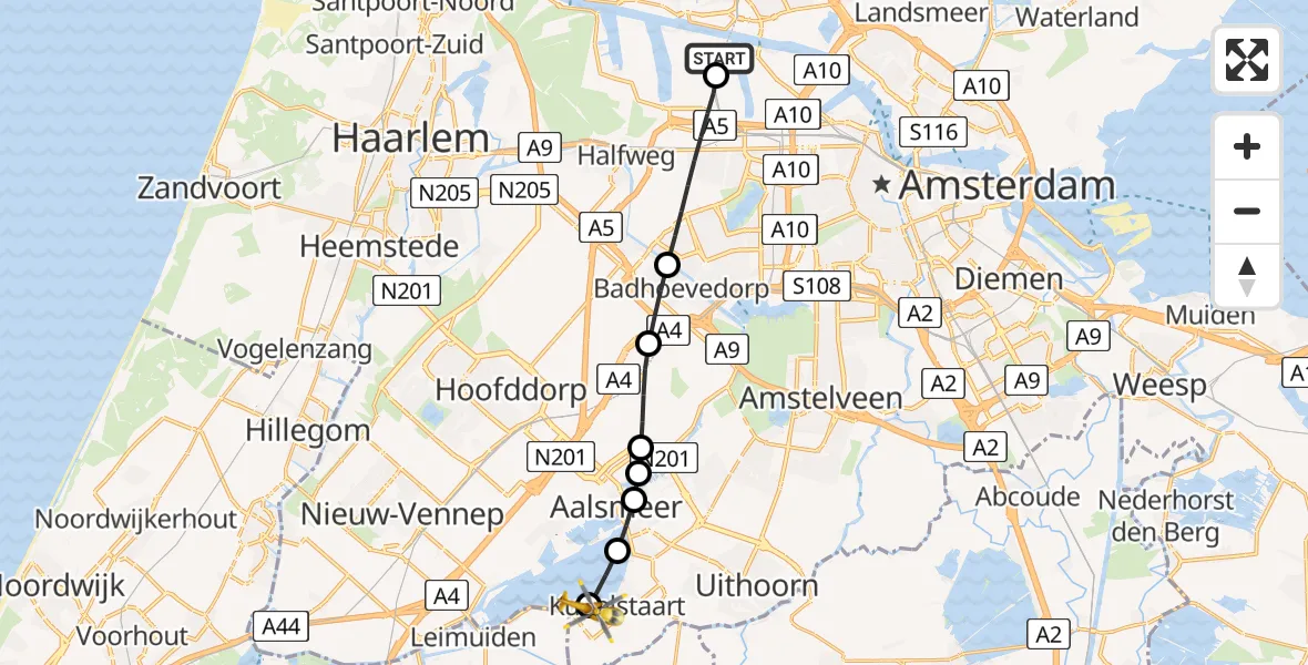 Vluchtroute Traumahelikopter van Amsterdam Heliport naar Kudelstaart