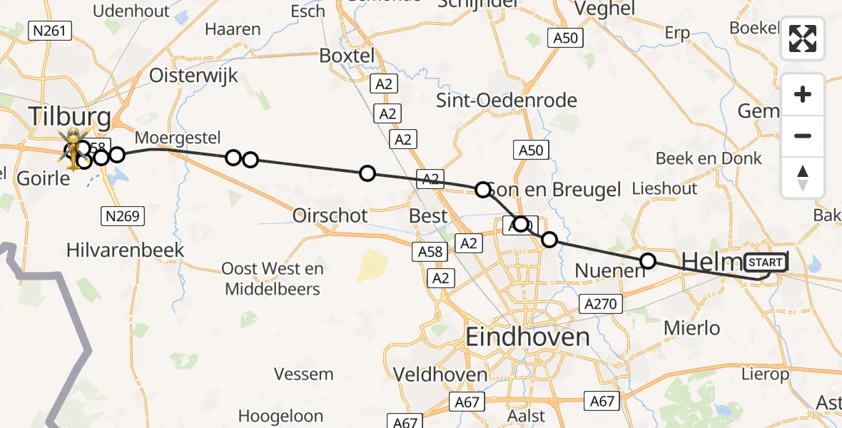 Vluchtroute Traumahelikopter van Helmond naar Tilburg