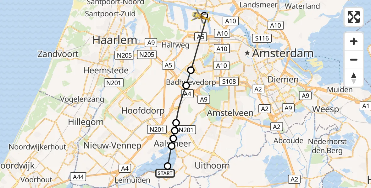 Vluchtroute Traumahelikopter van Kudelstaart naar Amsterdam Heliport