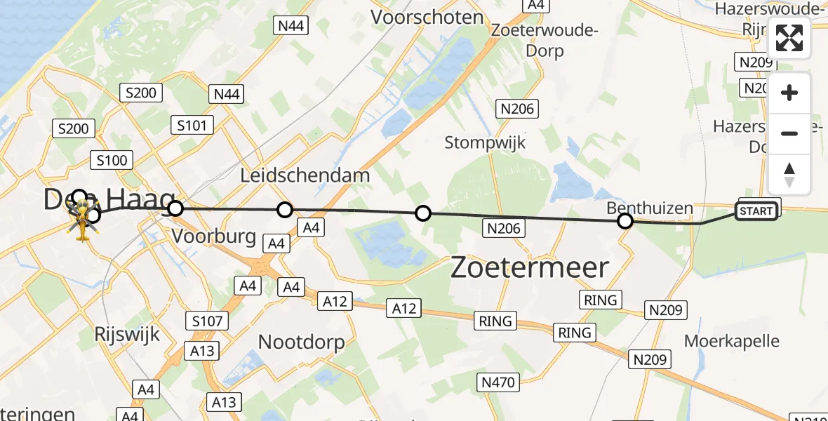 Vluchtroute Traumahelikopter van Benthuizen naar HMC Westeinde Heliport