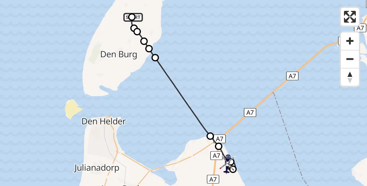 Vluchtroute Politiehelikopter van Texel International Airport naar Wieringerwerf