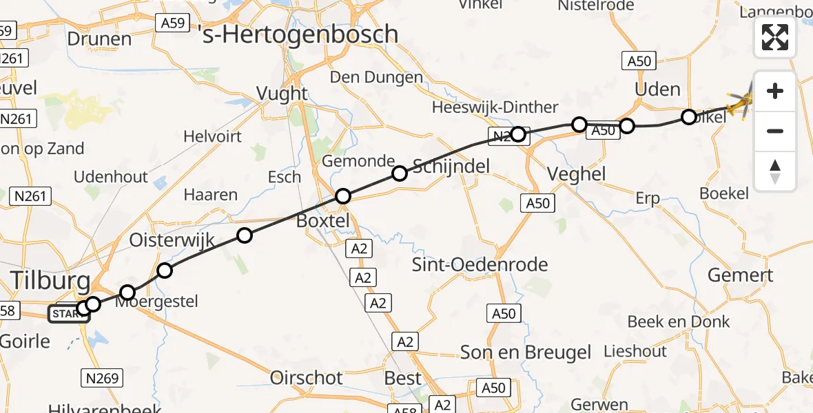 Vluchtroute Traumahelikopter van St. Elisabeth Hospital Heliport naar Vliegbasis Volkel