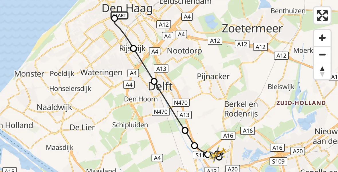Vluchtroute Traumahelikopter van HMC Westeinde Heliport naar Rotterdam The Hague Airport