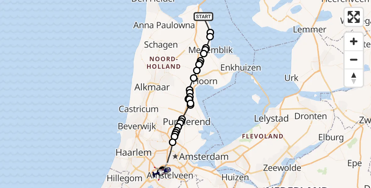 Vluchtroute Politiehelikopter van Wieringerwerf naar Amsterdam Vliegveld Schiphol