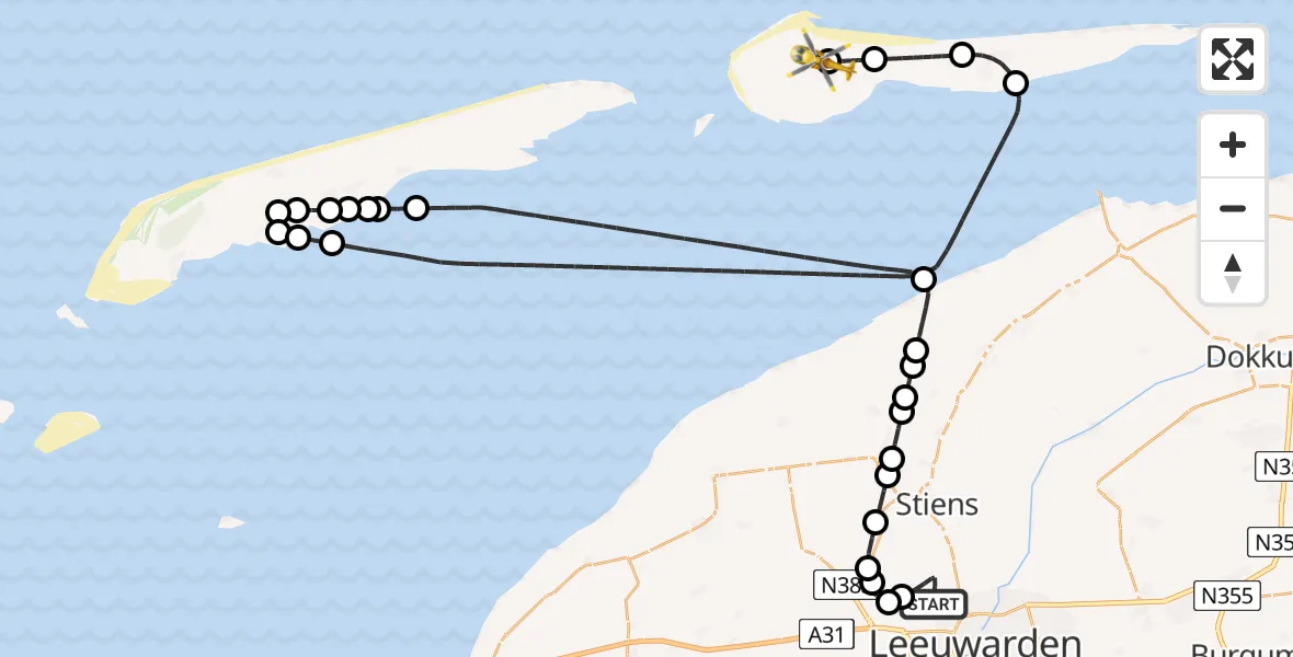 Vluchtroute Ambulancehelikopter van Vliegbasis Leeuwarden naar Ameland Vliegveld Ballum