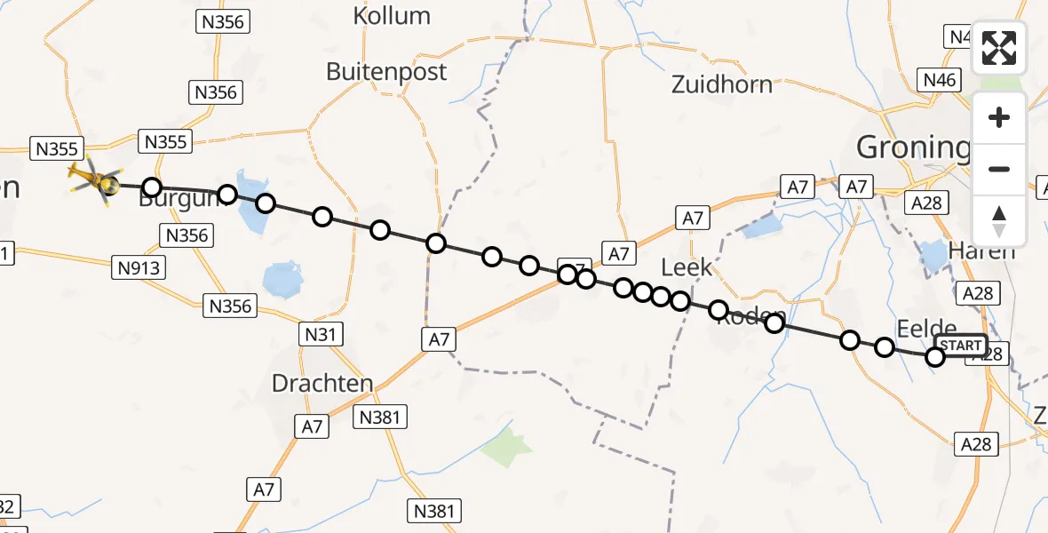 Vluchtroute Traumahelikopter van Groningen Airport Eelde naar Tytsjerk
