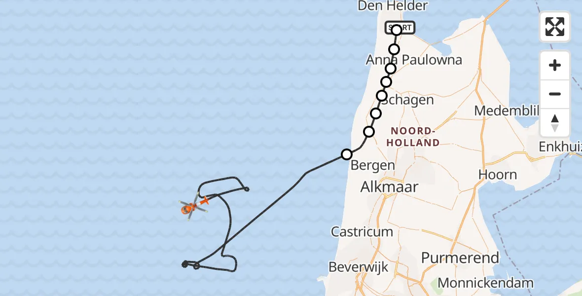 Vluchtroute Kustwachthelikopter van Militair vliegveld De Kooy / Den Helder Airport naar Noordzee