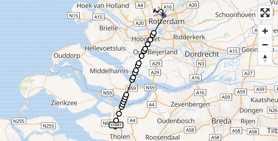Vluchtroute Politiehelikopter van Oud-Vossemeer naar Rotterdam The Hague Airport