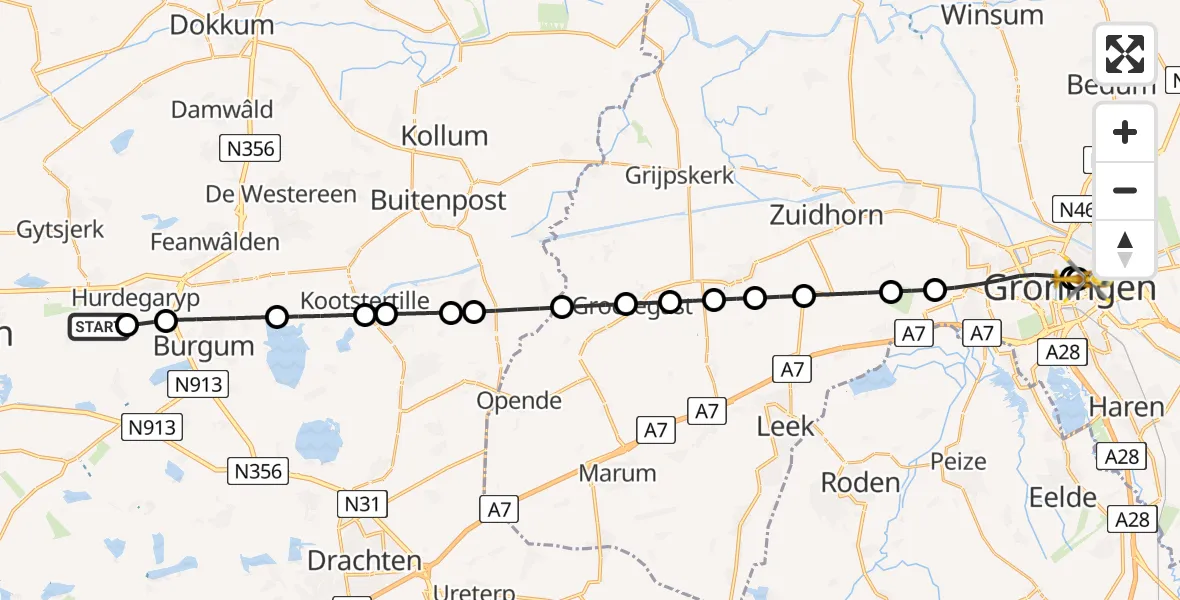 Vluchtroute Traumahelikopter van Tytsjerk naar Universitair Medisch Centrum Groningen