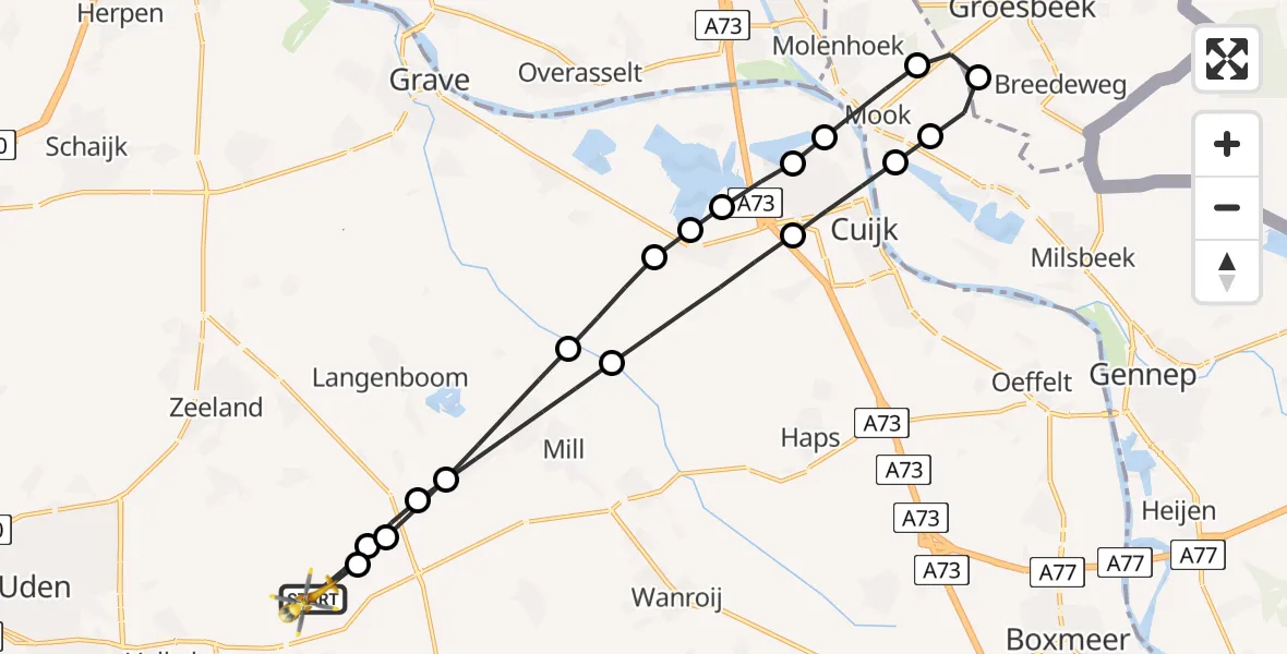 Vluchtroute Traumahelikopter van Vliegbasis Volkel naar Vliegbasis Volkel