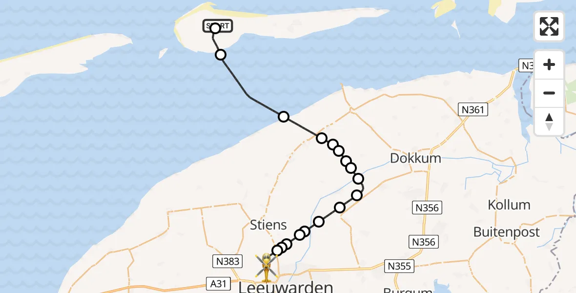 Vluchtroute Ambulancehelikopter van Ameland Vliegveld Ballum naar Vliegbasis Leeuwarden