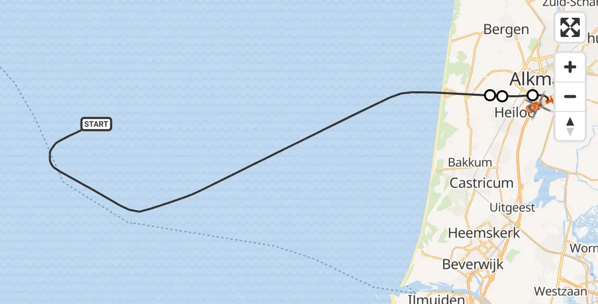 Vluchtroute Kustwachthelikopter van Noordzee naar Alkmaar