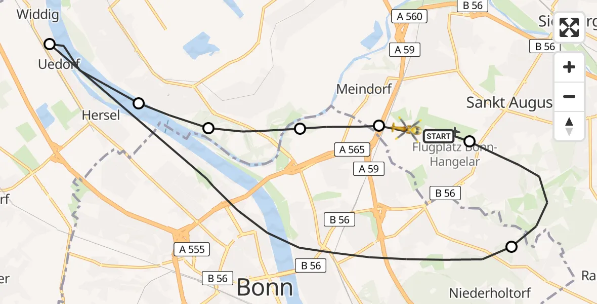 Vluchtroute Traumahelikopter van Bonn-Hangelar Flugplatz naar Sankt Augustin