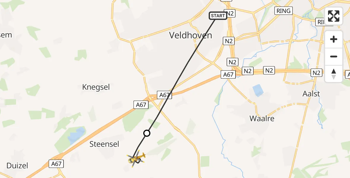 Vluchtroute Traumahelikopter van Veldhoven naar Steensel