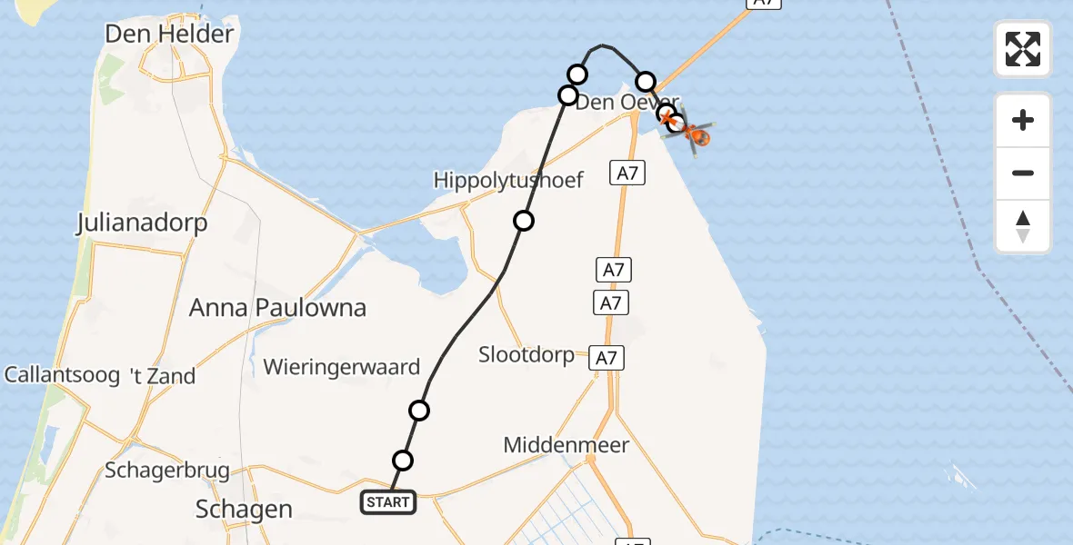 Vluchtroute Kustwachthelikopter van Kolhorn naar IJsselmeer