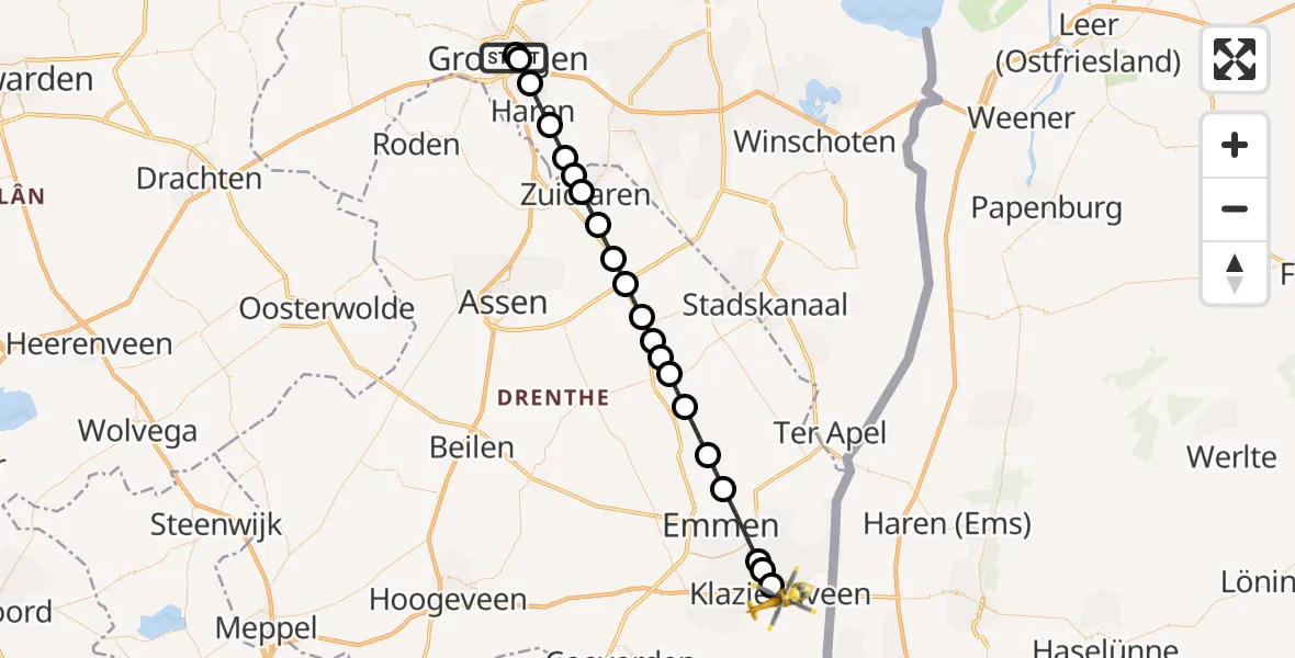 Vluchtroute Traumahelikopter van Universitair Medisch Centrum Groningen naar Klazienaveen