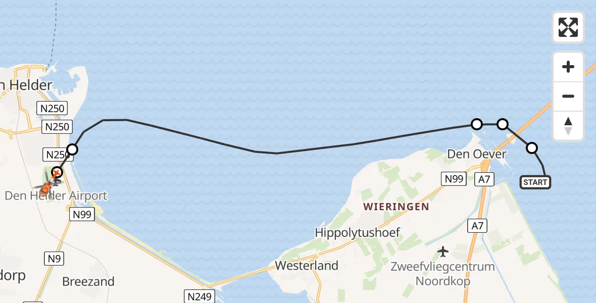 Vluchtroute Kustwachthelikopter van IJsselmeer naar Militair vliegveld De Kooy / Den Helder Airport