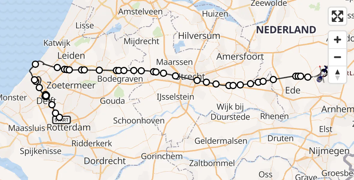 Vluchtroute Politiehelikopter van Rotterdam The Hague Airport naar Otterlo