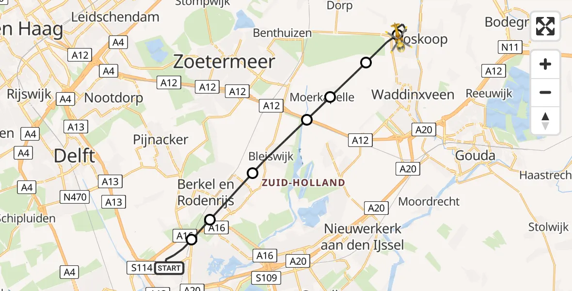 Vluchtroute Traumahelikopter van Rotterdam The Hague Airport naar Boskoop