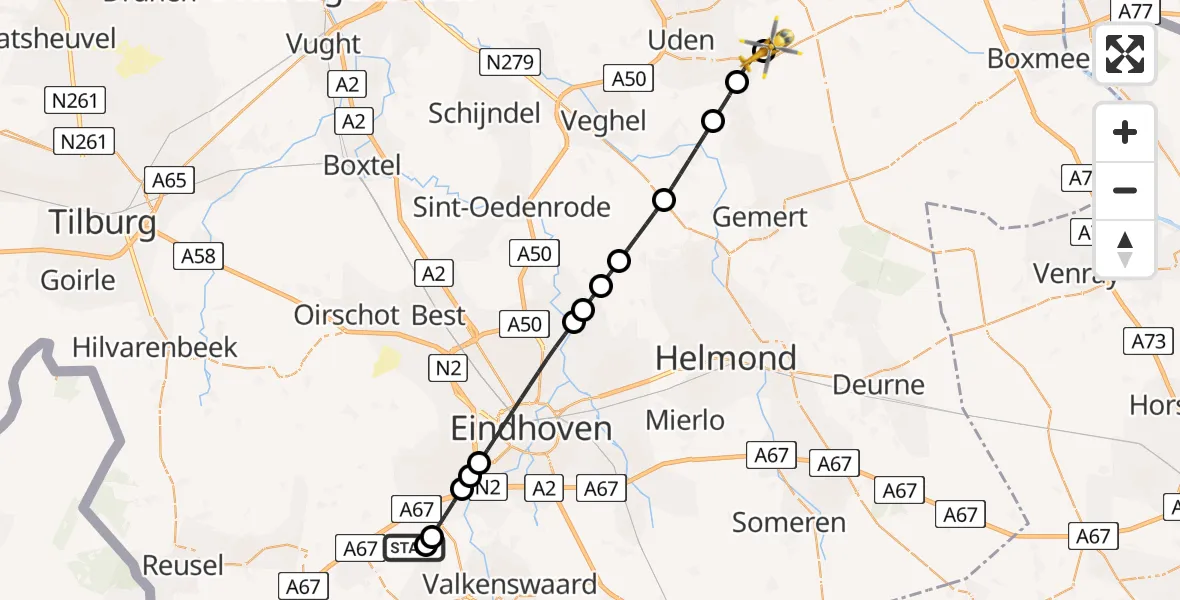 Vluchtroute Traumahelikopter van Steensel naar Vliegbasis Volkel