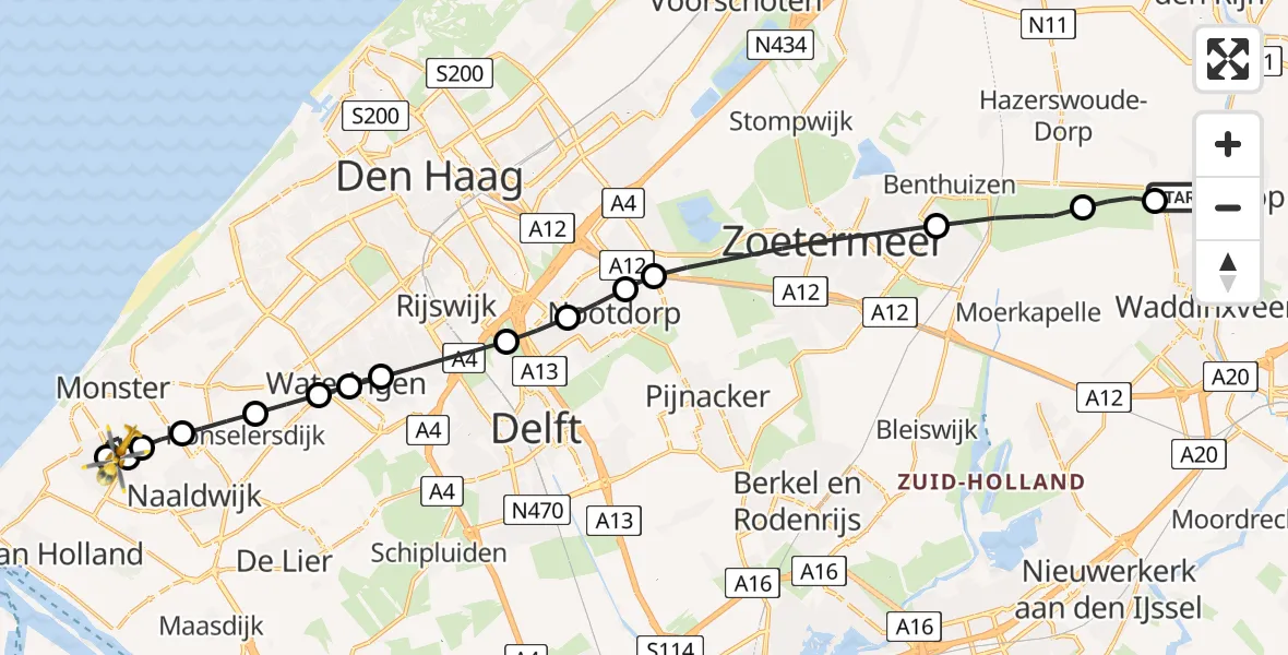 Vluchtroute Traumahelikopter van Boskoop naar 's-Gravenzande