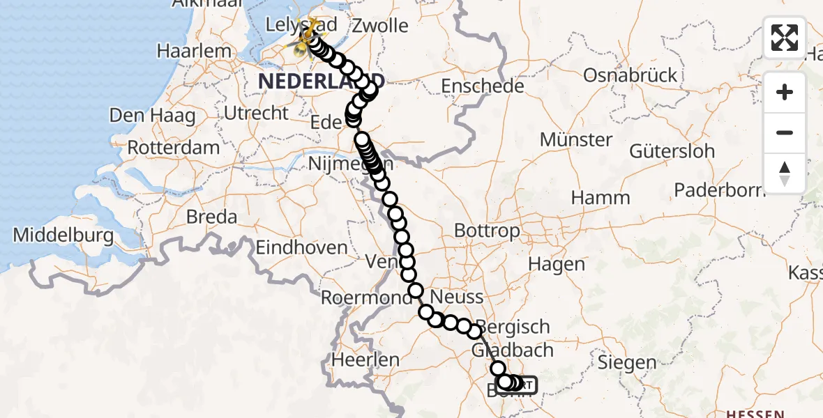 Vluchtroute Traumahelikopter van Bonn-Hangelar Flugplatz naar Lelystad Airport