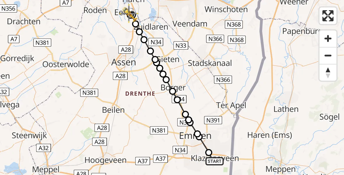 Vluchtroute Traumahelikopter van Klazienaveen naar Groningen Airport Eelde