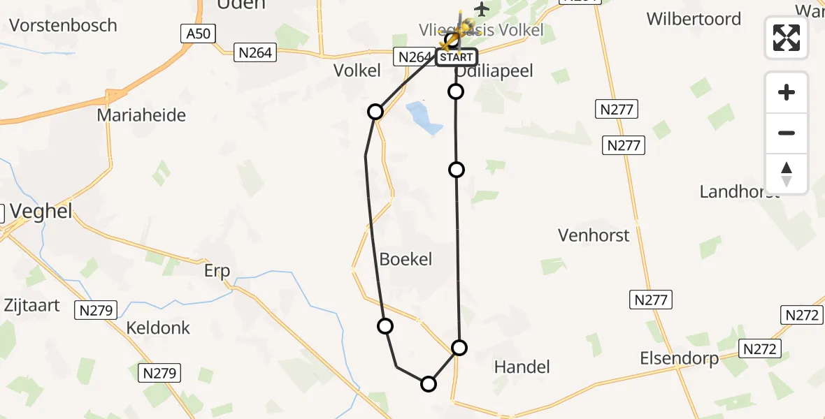 Vluchtroute Traumahelikopter van Vliegbasis Volkel naar Vliegbasis Volkel
