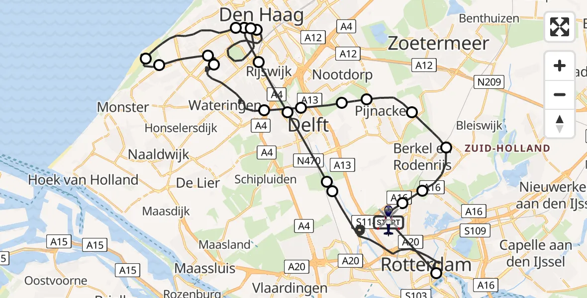 Vluchtroute Politiehelikopter van Rotterdam The Hague Airport naar Rotterdam The Hague Airport