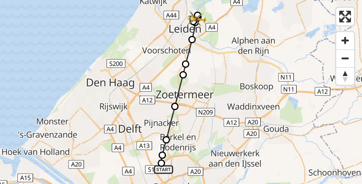 Vluchtroute Traumahelikopter van Rotterdam The Hague Airport naar Leiderdorp