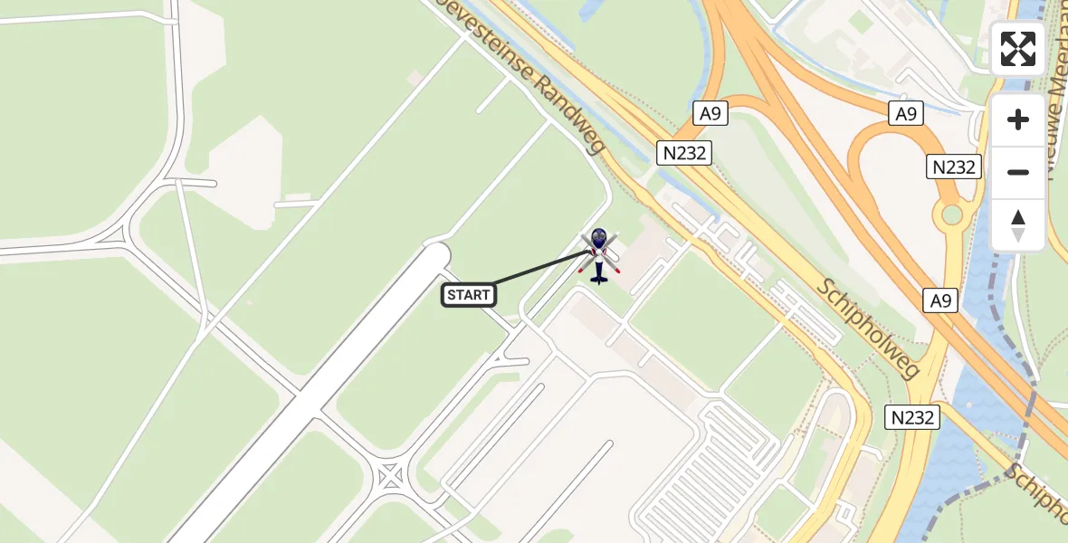 Vluchtroute Politiehelikopter van Amsterdam Vliegveld Schiphol naar Amsterdam Vliegveld Schiphol
