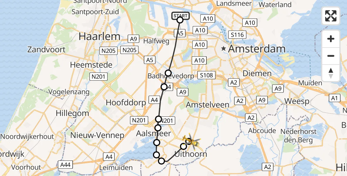Vluchtroute Traumahelikopter van Amsterdam Heliport naar Amstelveen